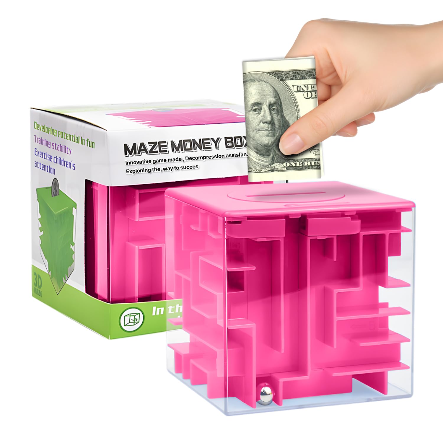 Boxveria Money Maze pink box closed, a playful cash gift puzzle for all ages.