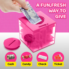 Boxveria Money Maze pink lid, quick reset for repeat gifting.