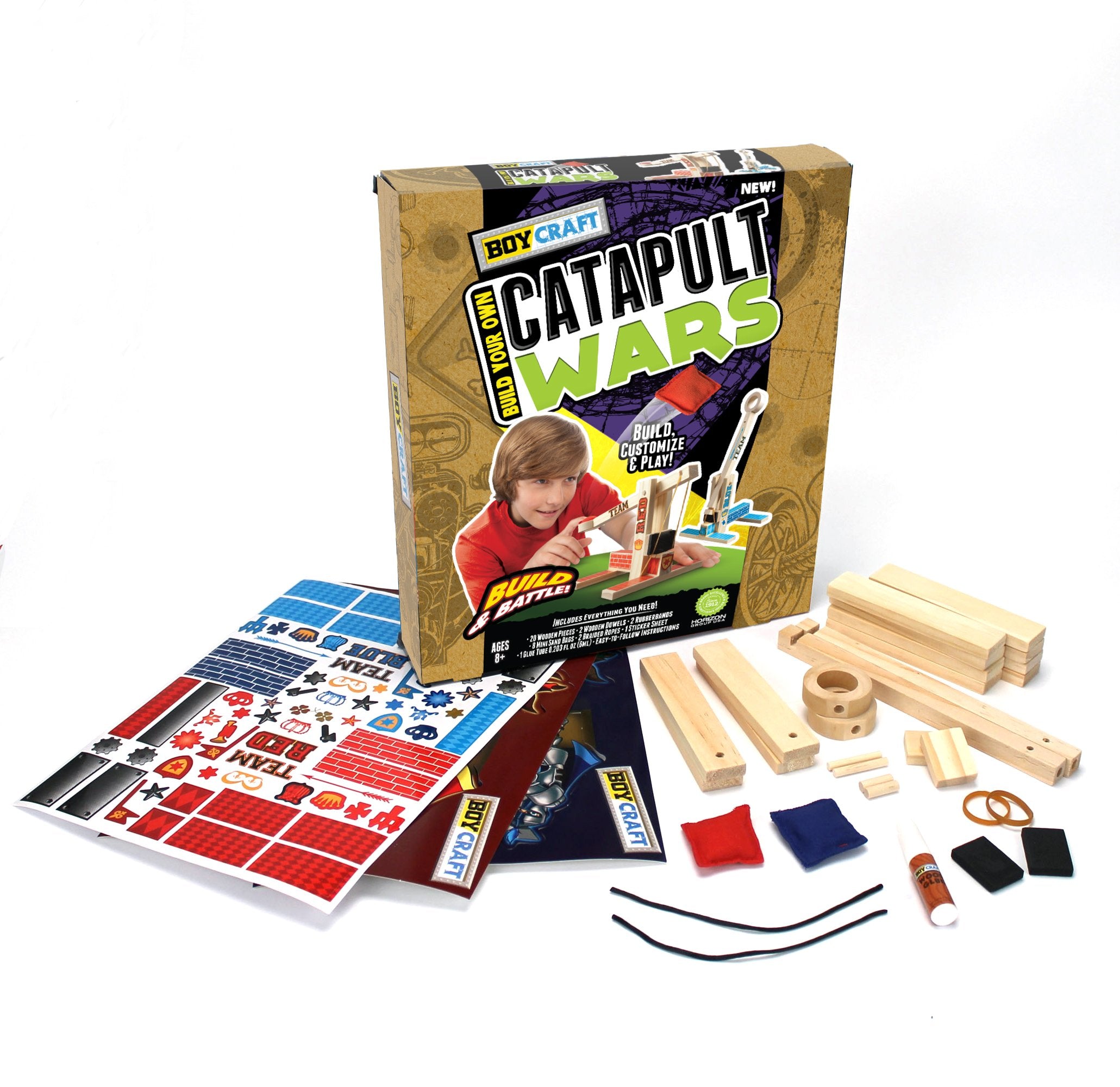 Boy Craft Catapult Wars parts laid out for two customizable wooden catapults.