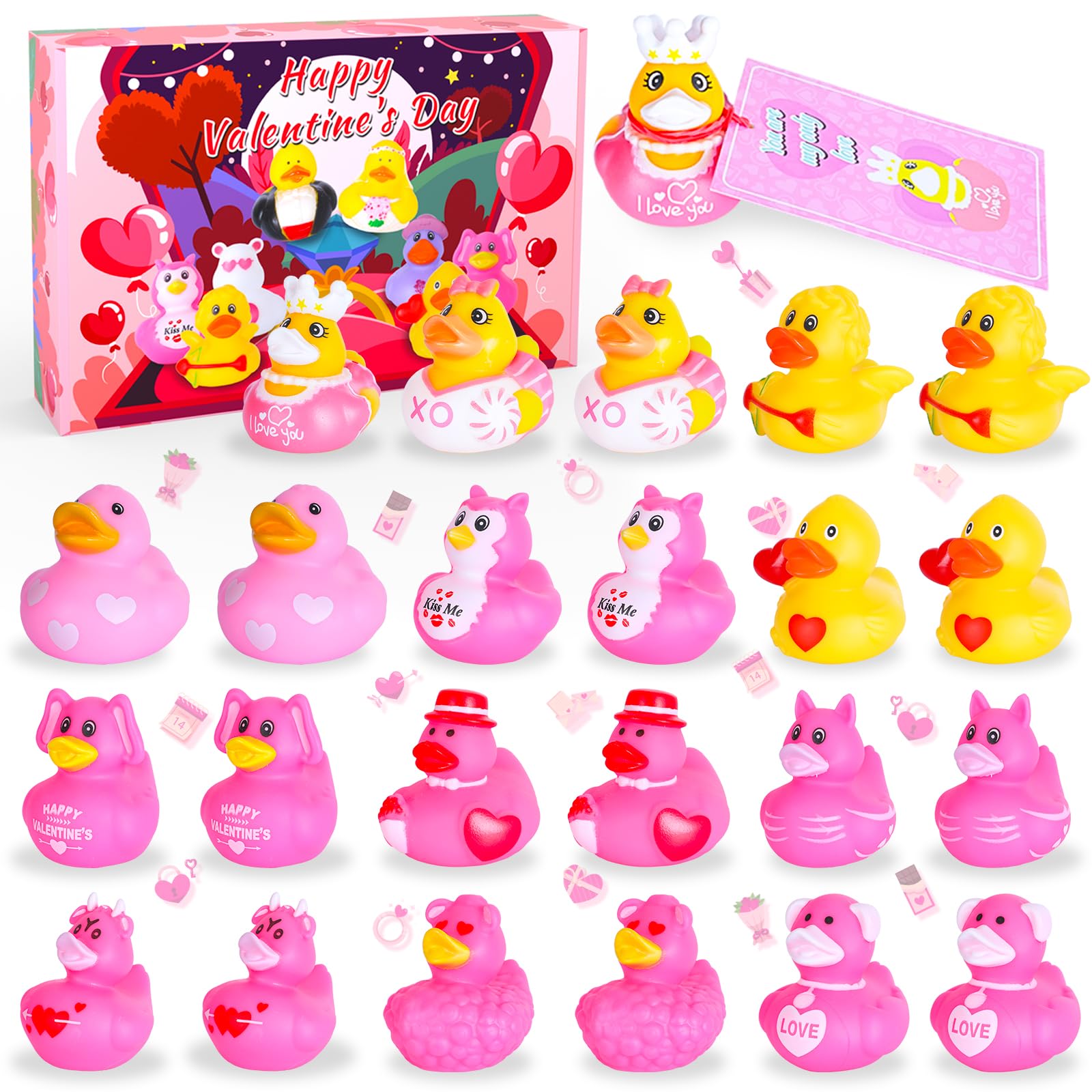 BOZILY Valentines ducks 24-pack for classroom exchanges with attached cards