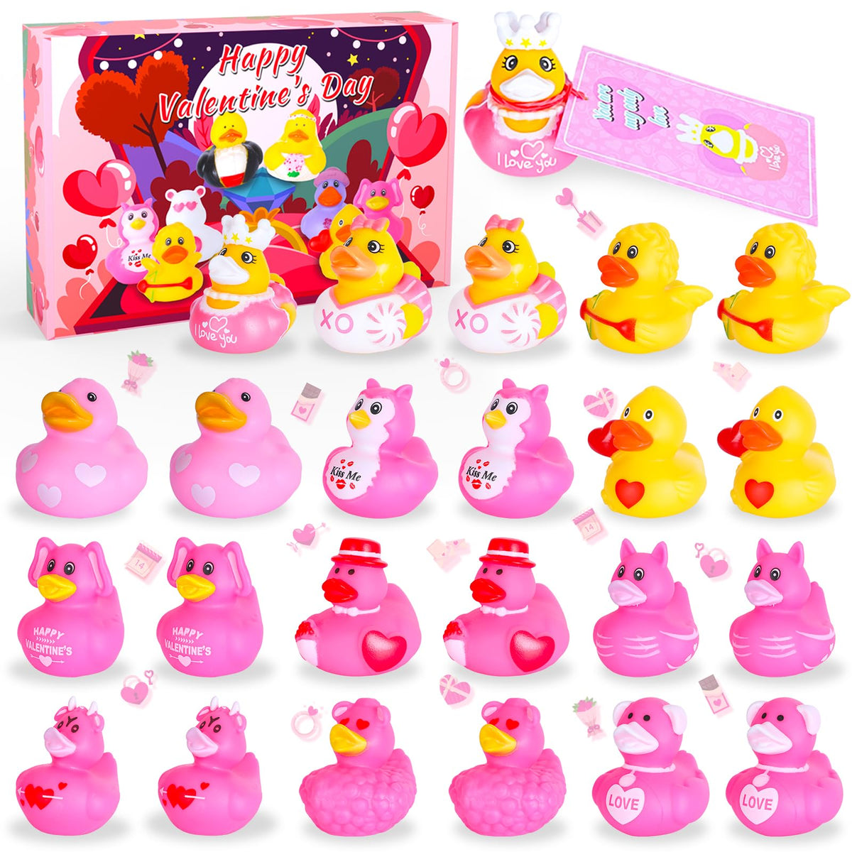 BOZILY Valentines ducks 24-pack for classroom exchanges with attached cards