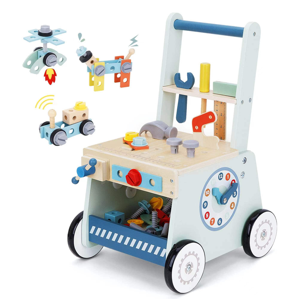 bpmfkid 2-in-1 push walker with tool table encourages early walking and imaginative play.