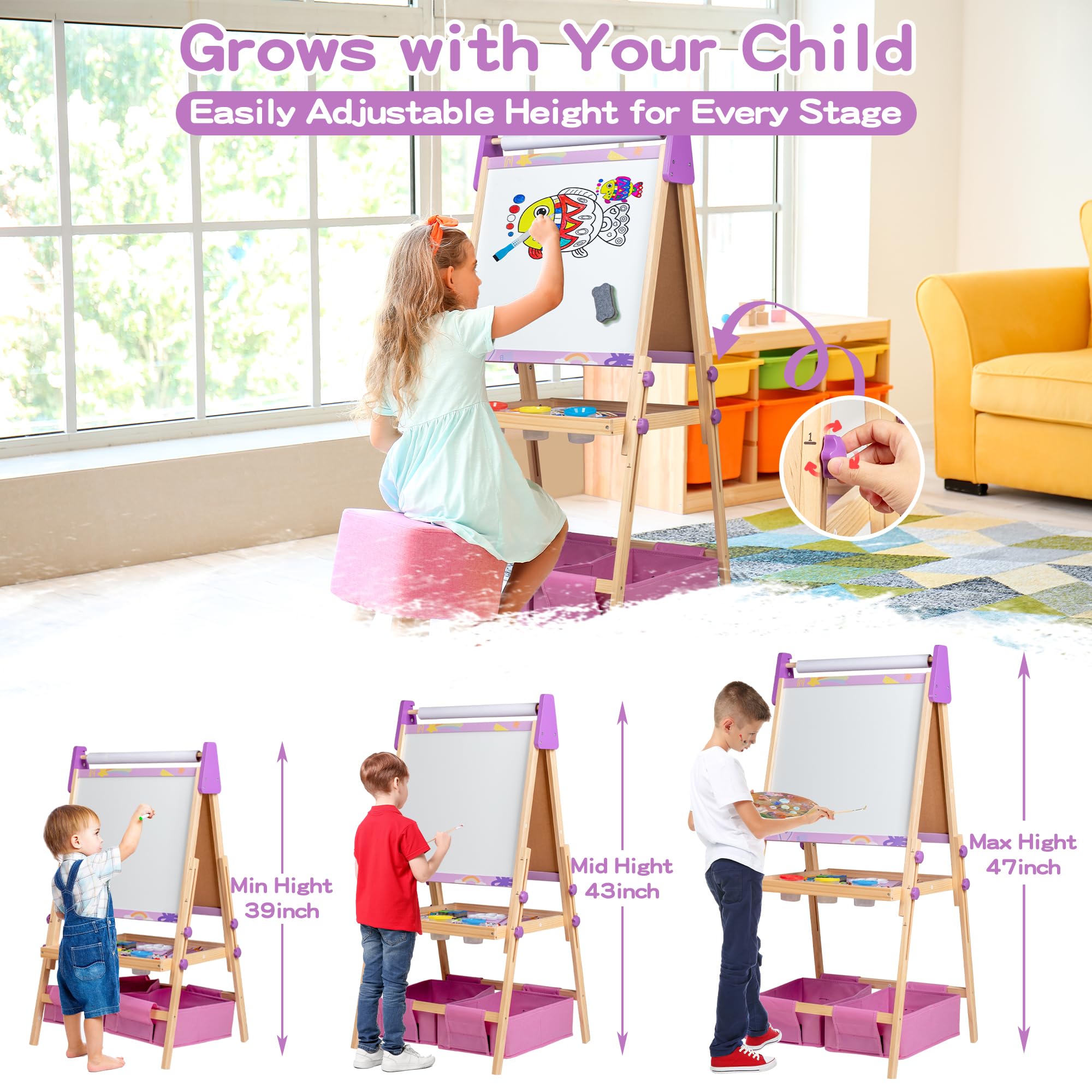 bpmfkid 3-in-1 adjustable art easel with paper roll for continuous storytelling.
