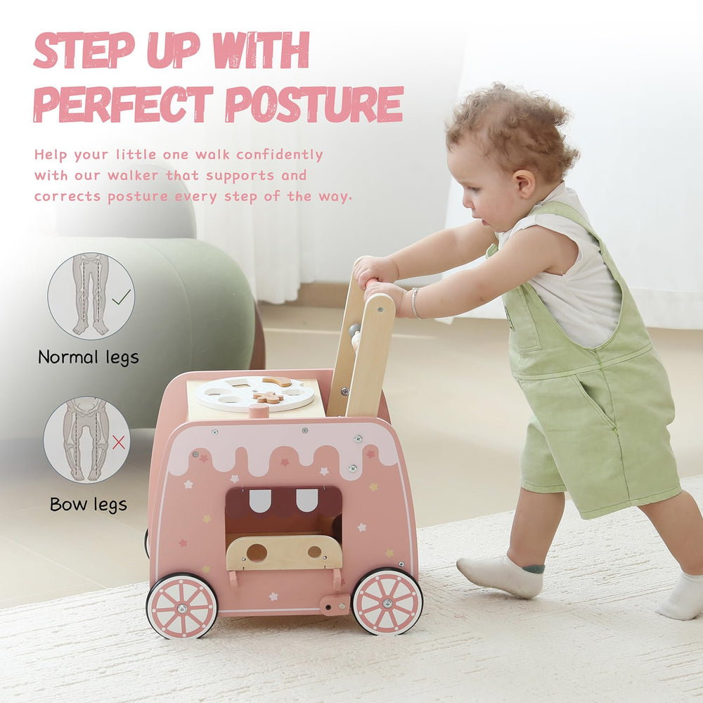 BpmfKid wooden walker beside a donut shape sorter for motor skill practice.