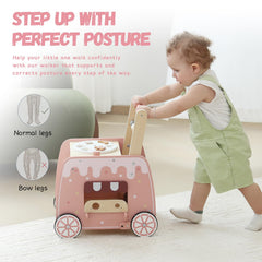 BpmfKid wooden walker beside a donut shape sorter for motor skill practice.