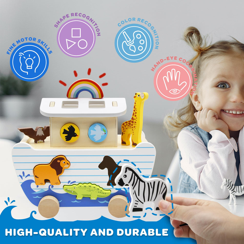 bpmfkid Noah's Ark shape sorter promotes shape matching and fine motor skills.