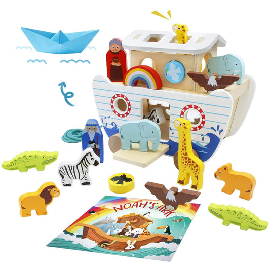 bpmfkid Noah's Ark wooden set with animals for imaginative play and early learning.