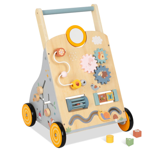 bpmfkid wooden baby walker adjustable height enables growing toddlers to move with stability.