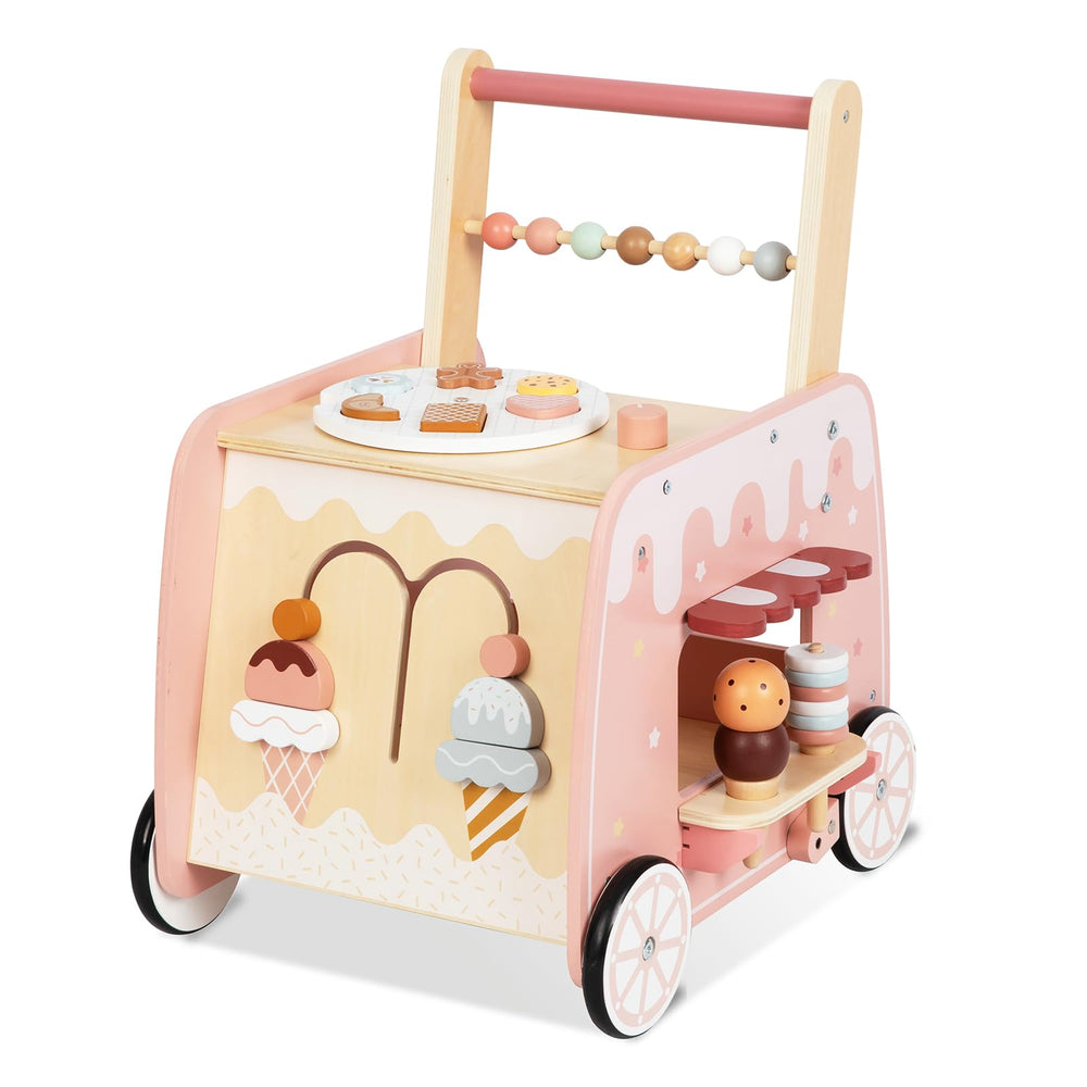 BpmfKid wooden ice cream cart walker with engaging play stations supports early walking.