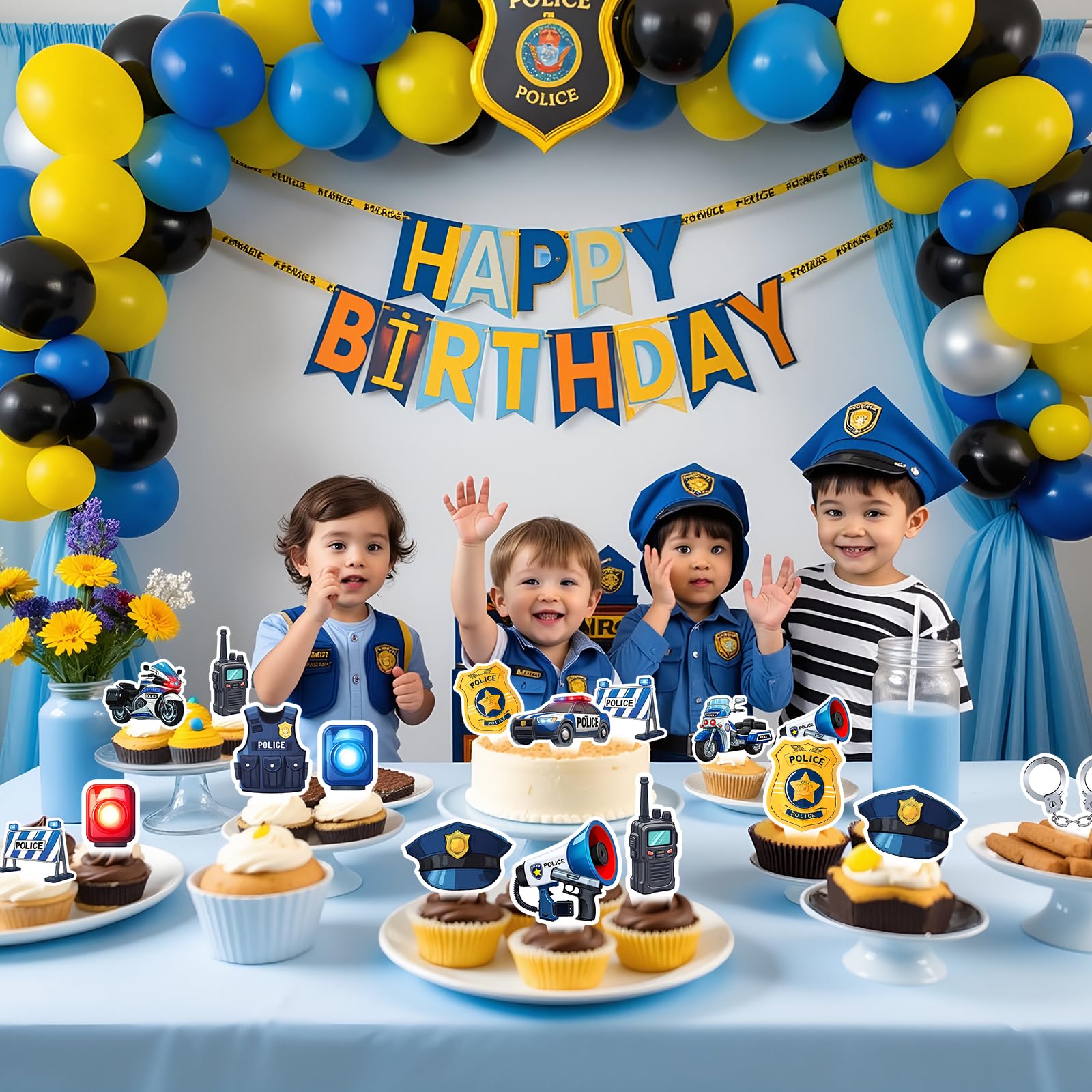 BQF Police Cupcake Toppers easy to insert into cupcakes for fast setup.