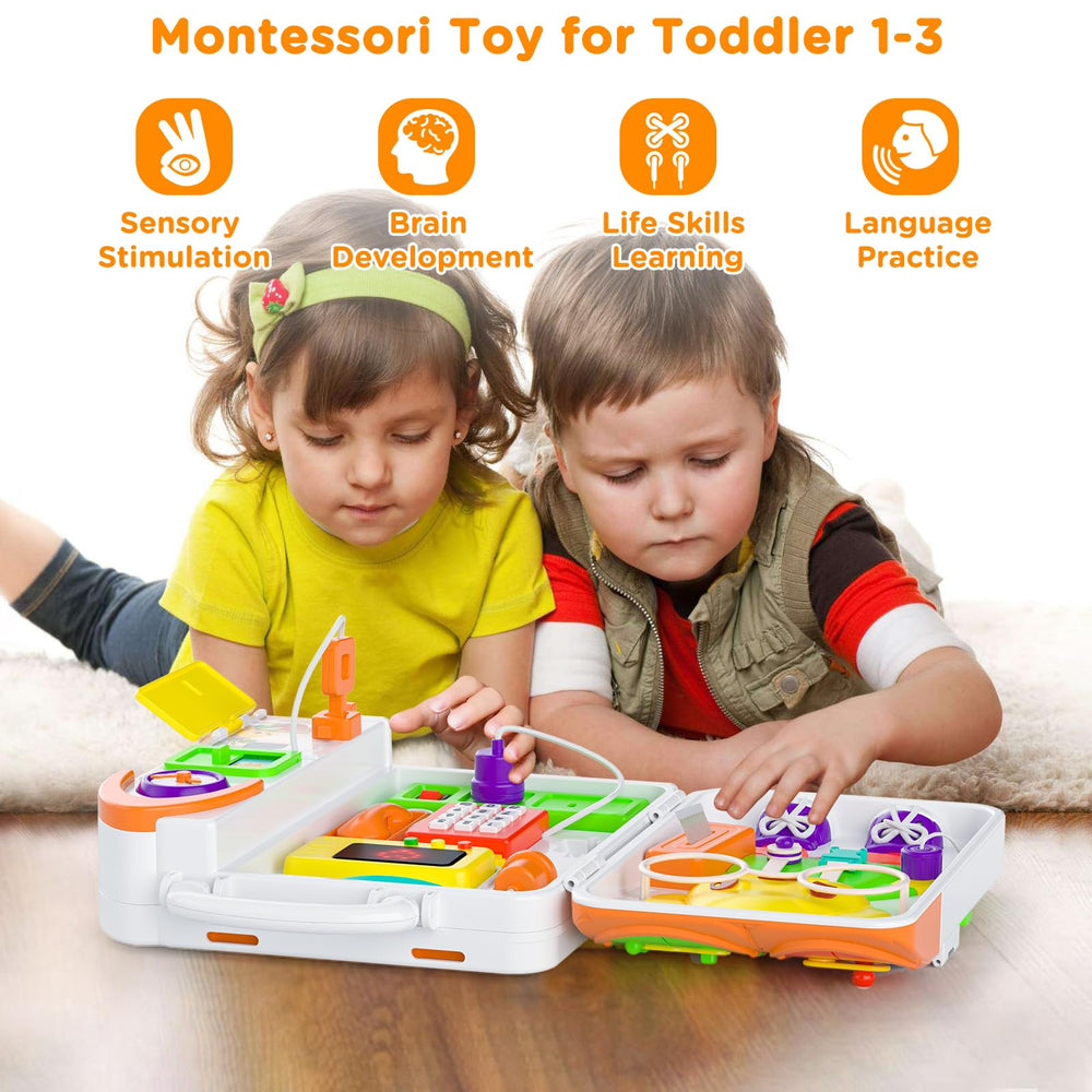 BQU Montessori Busy Board highlights shapes and colors for motor skills and recognition.
