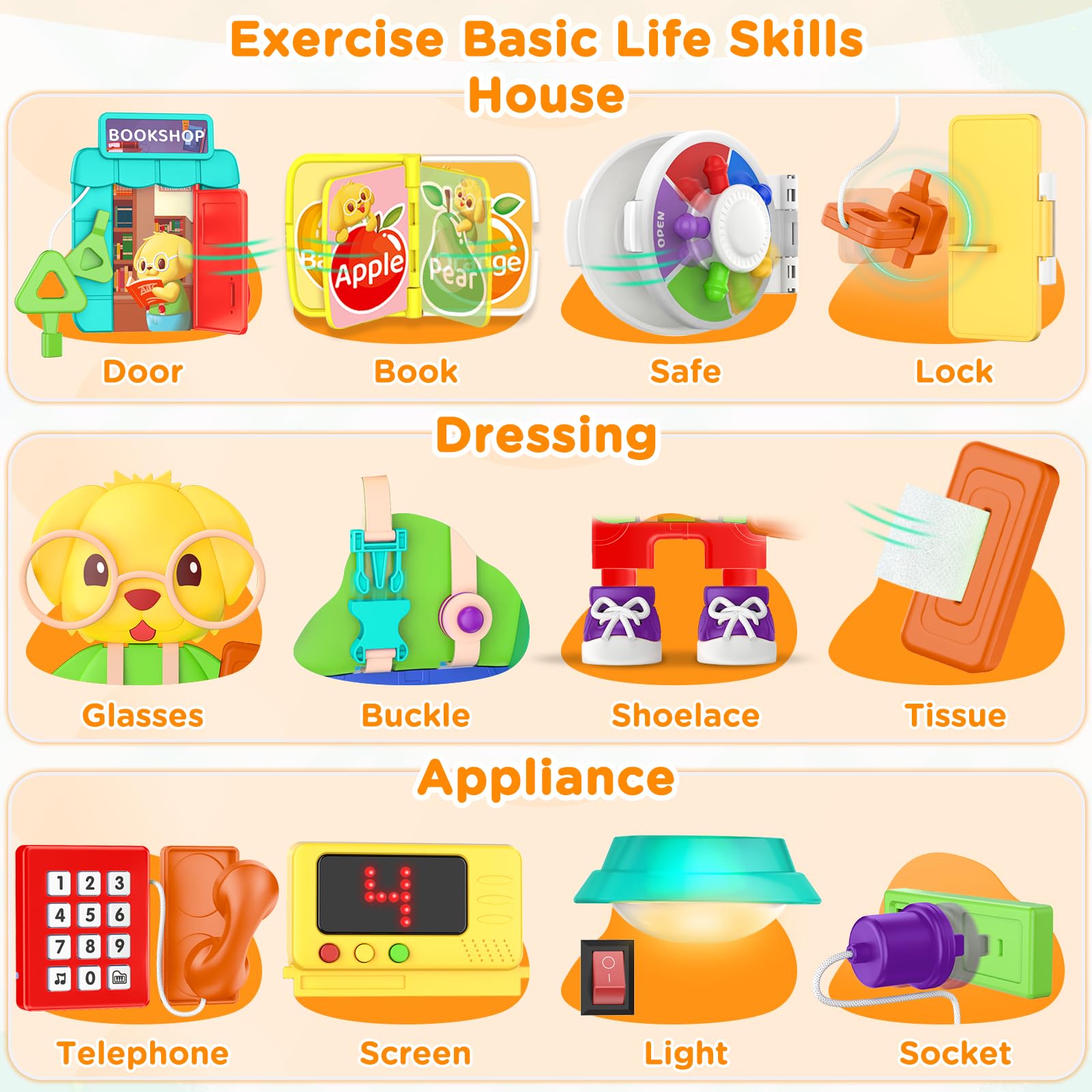 BQU Montessori Busy Board features baby songs and instrument sounds for auditory engagement.