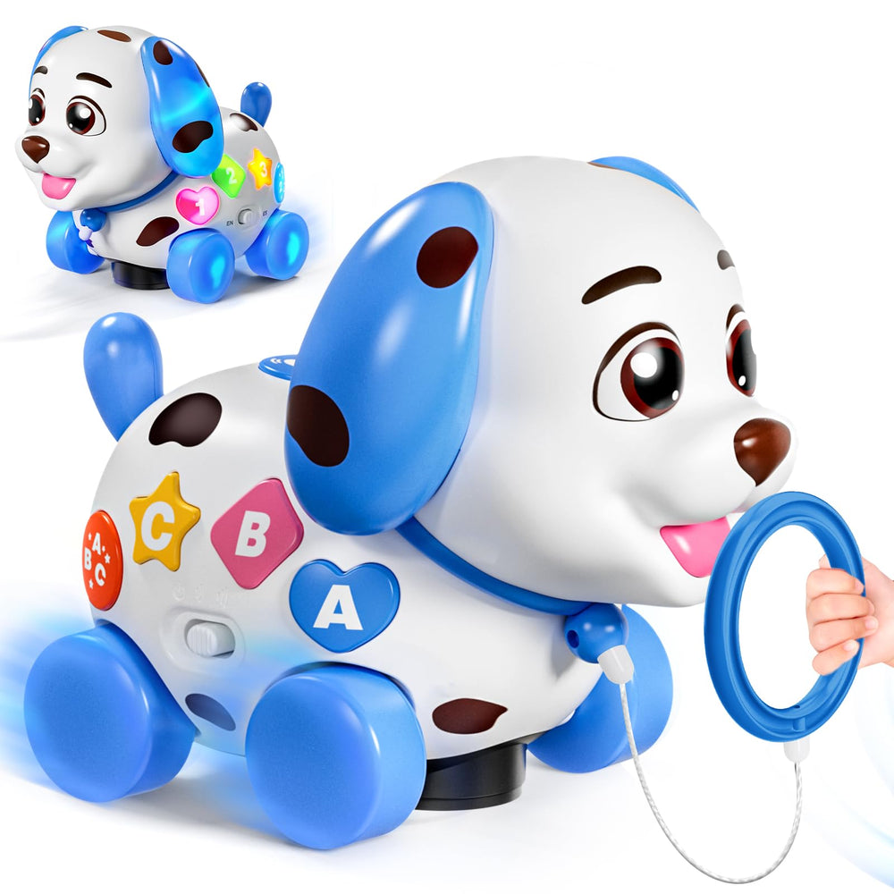 BQU musical puppy toy in blue showing colorful lights for babies