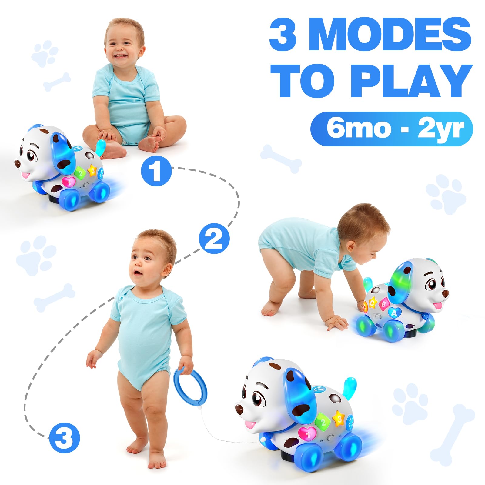 Close-up of buttons on BQU musical puppy toy in blue for learning ABCs