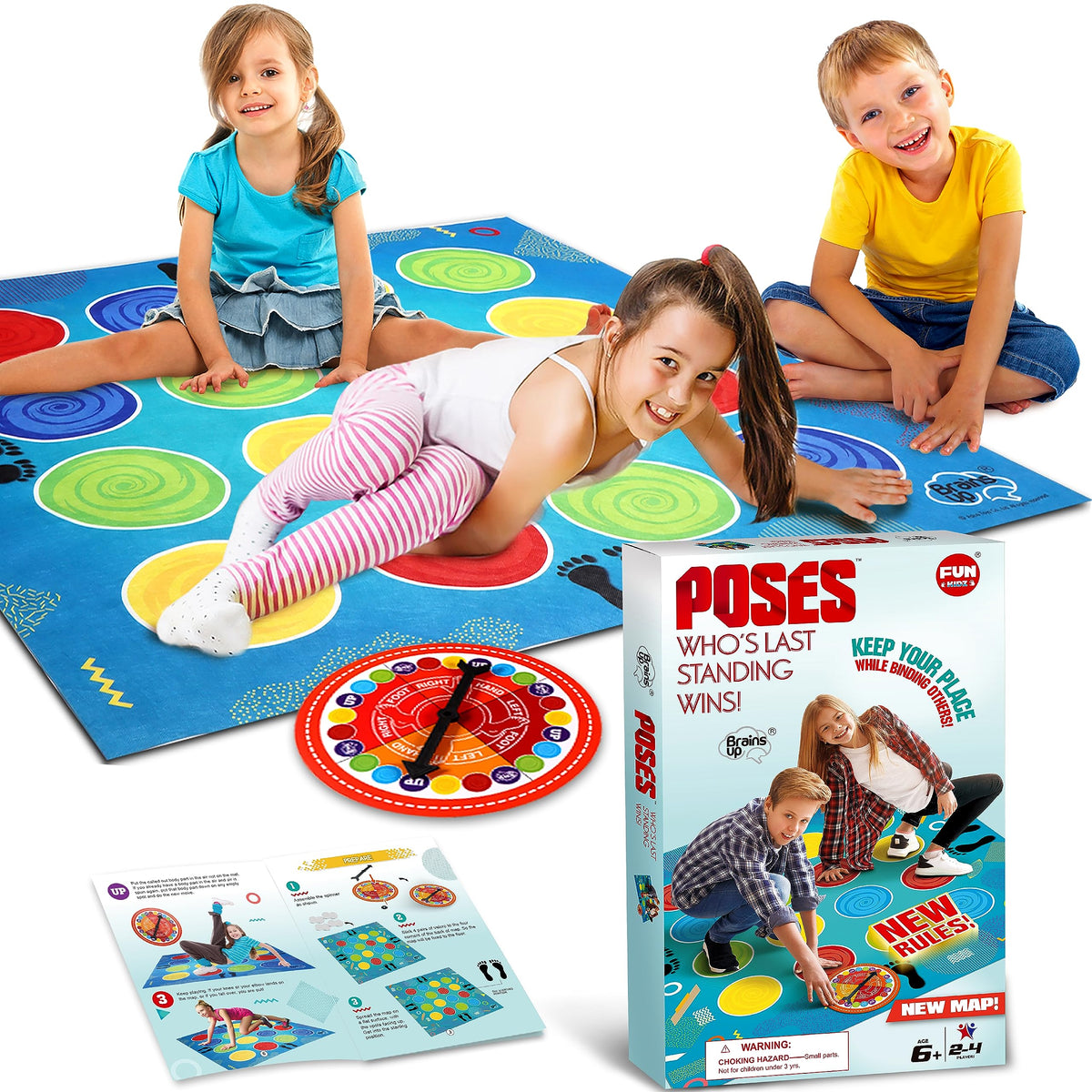 BRAINS UP Classic Twist Poses mat ready for indoor-outdoor family play.
