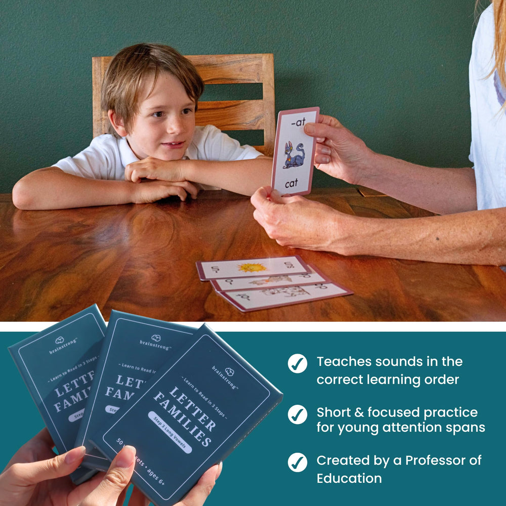 Brainstrong 750 phonics words Step 1 cards introduce short vowels in a simple, engaging way.
