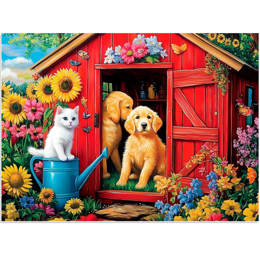 BraniacBits 300-piece puzzle box with dog-cat-sunflowers, ideal for cozy family puzzle nights.