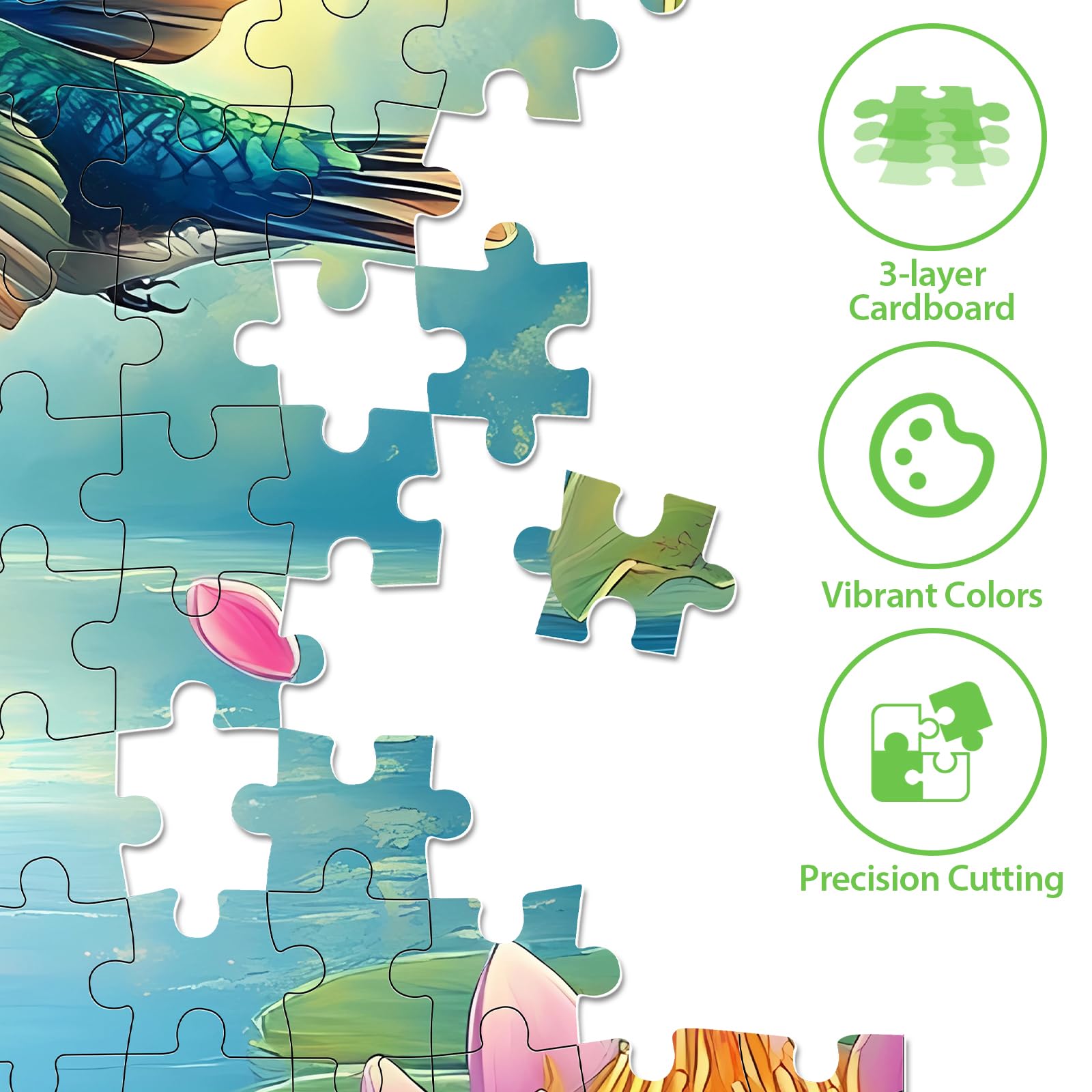 Finished Humbird Flower Lake puzzle on wall resembling a colorful nature art piece
