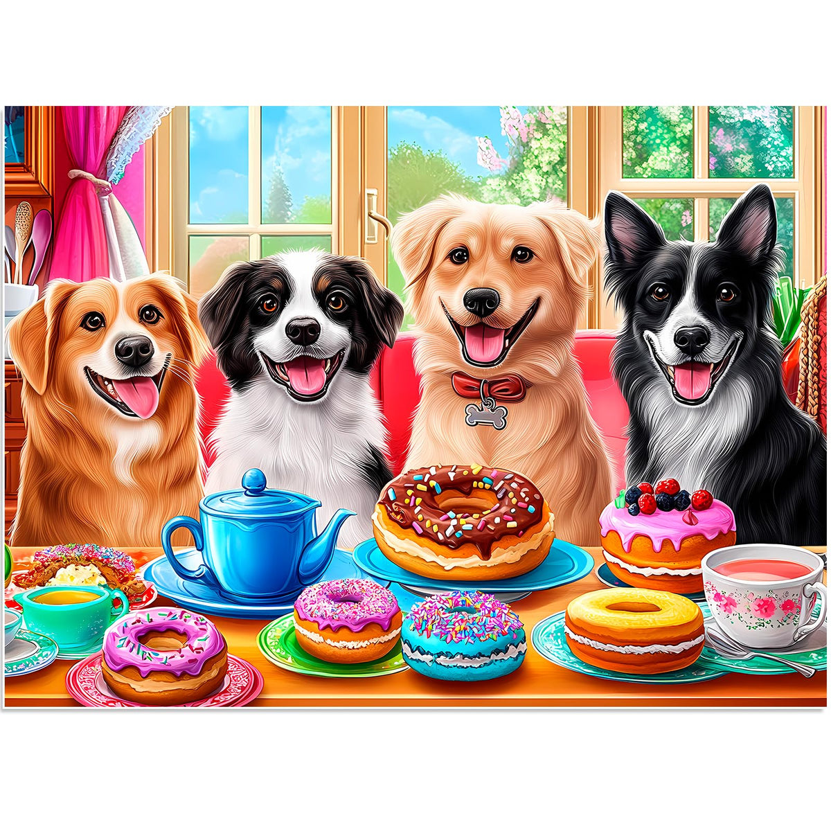BraniacBits Puppies afternoon tea with donuts scene, perfect for dog lovers and cozy evenings.