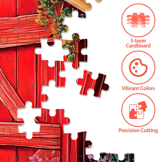 BraniacBits puzzle scene of dogs at the door, poster included for easier assembly.