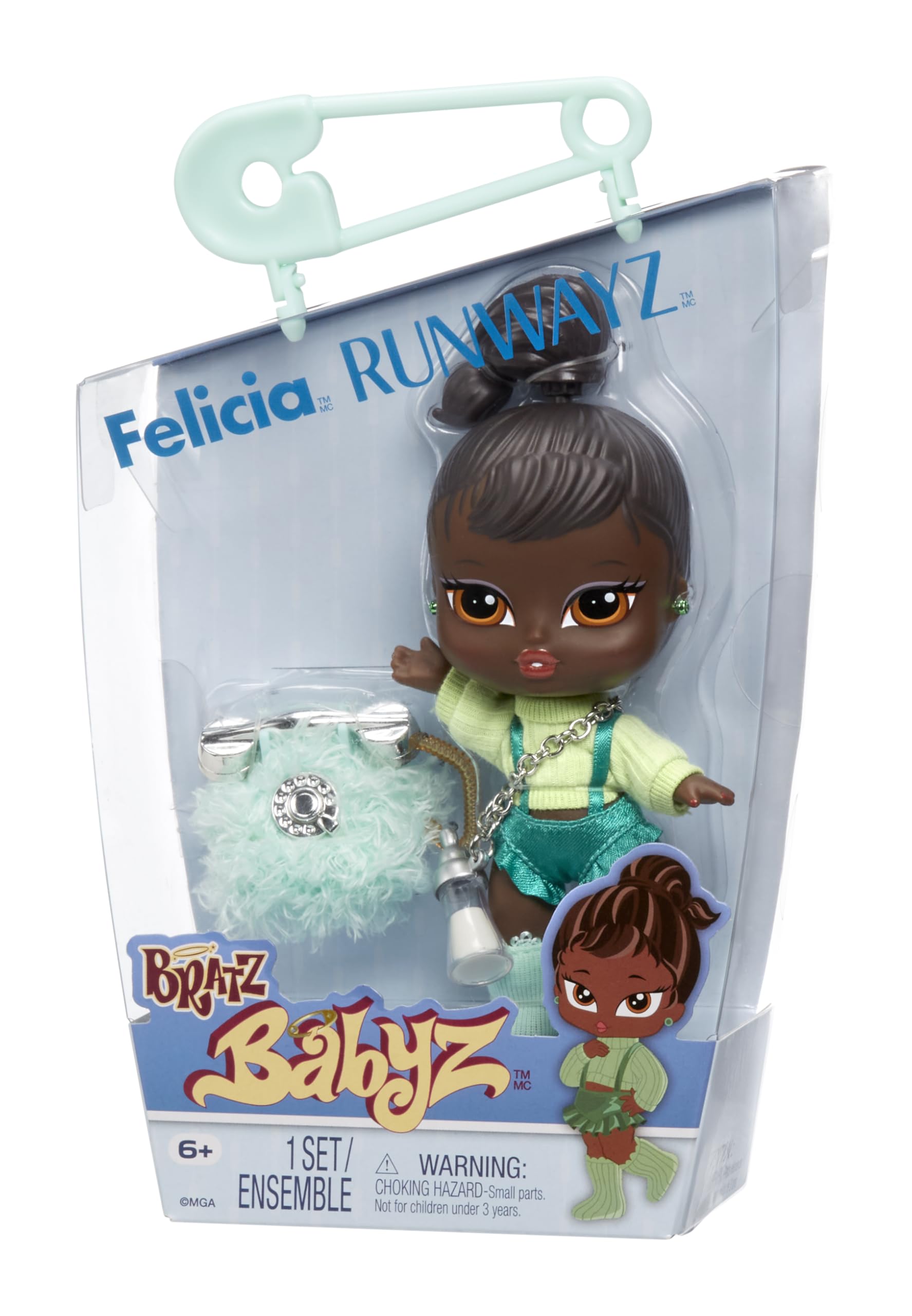 Bratz Babyz Felicia in green turtleneck outfit for imaginative dress-up play.