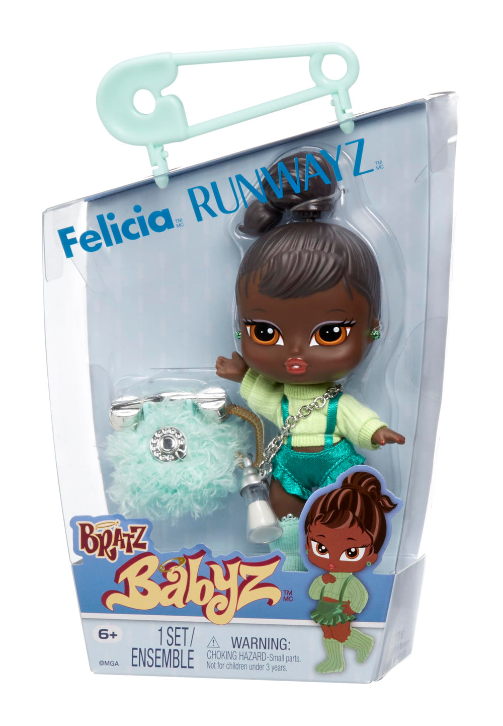 Bratz Babyz Felicia in green turtleneck outfit for imaginative dress-up play.