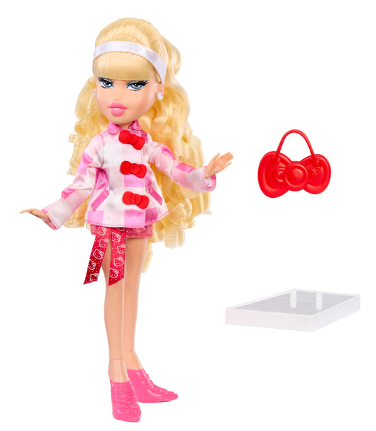 Cloe in pink plaid overcoat showing Hello Kitty fashion inspiration