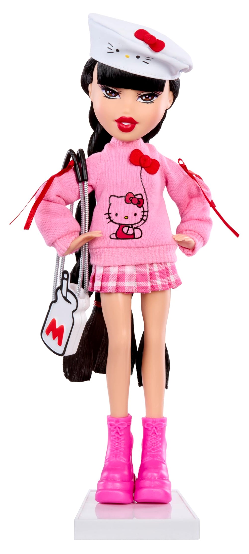 White Hello Kitty beret and milk-bottle bag enhance collectible styling