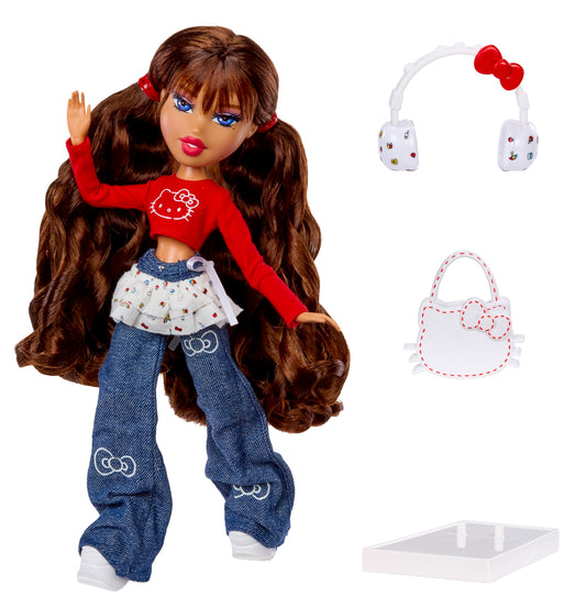 Bratz Yasmin outfit detail shows a red crop top and denim styling for dress-up.