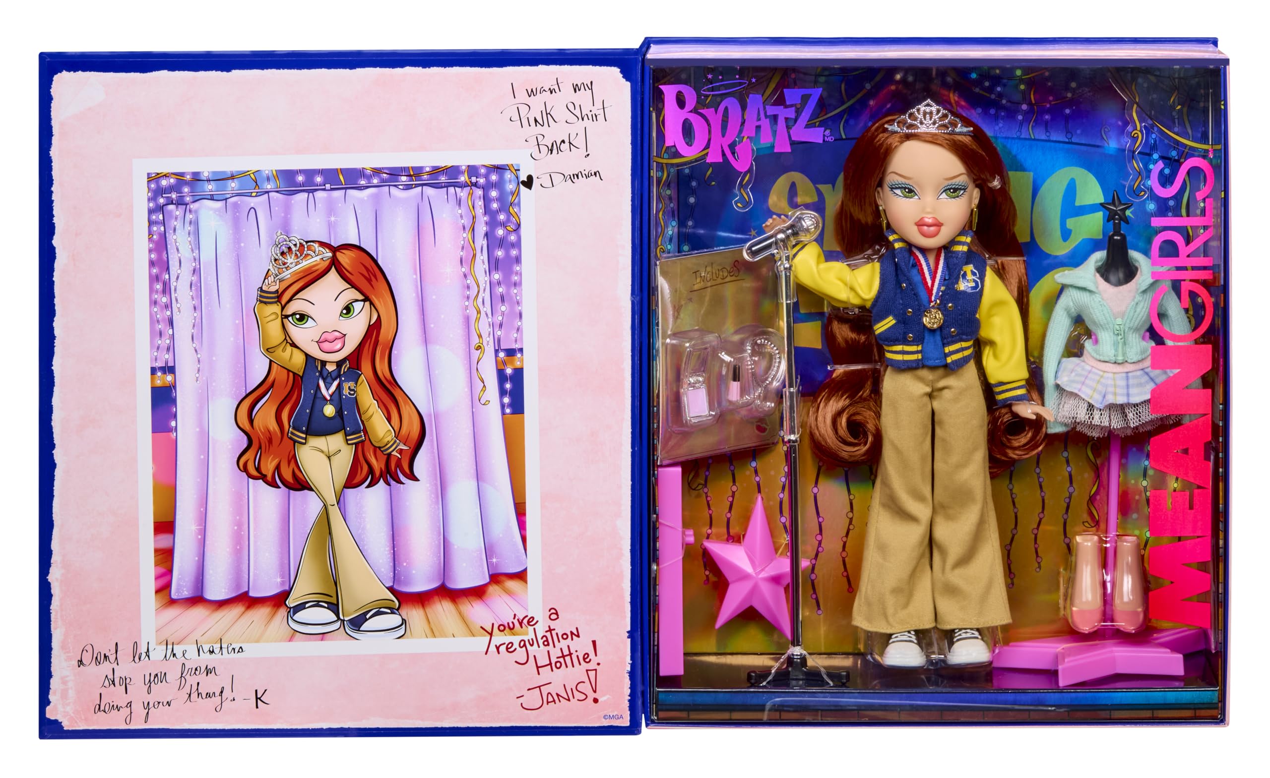 Bratz Mean Girls Spring Fling Cady in blue letterman jacket for stylish classroom moments.