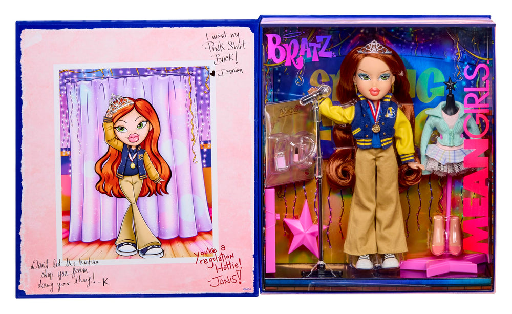 Bratz Mean Girls Spring Fling Cady in blue letterman jacket for stylish classroom moments.