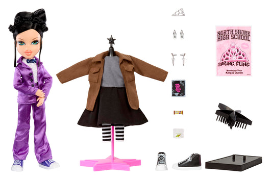 Janis wearing oversized jacket and long skirt for edgy display.