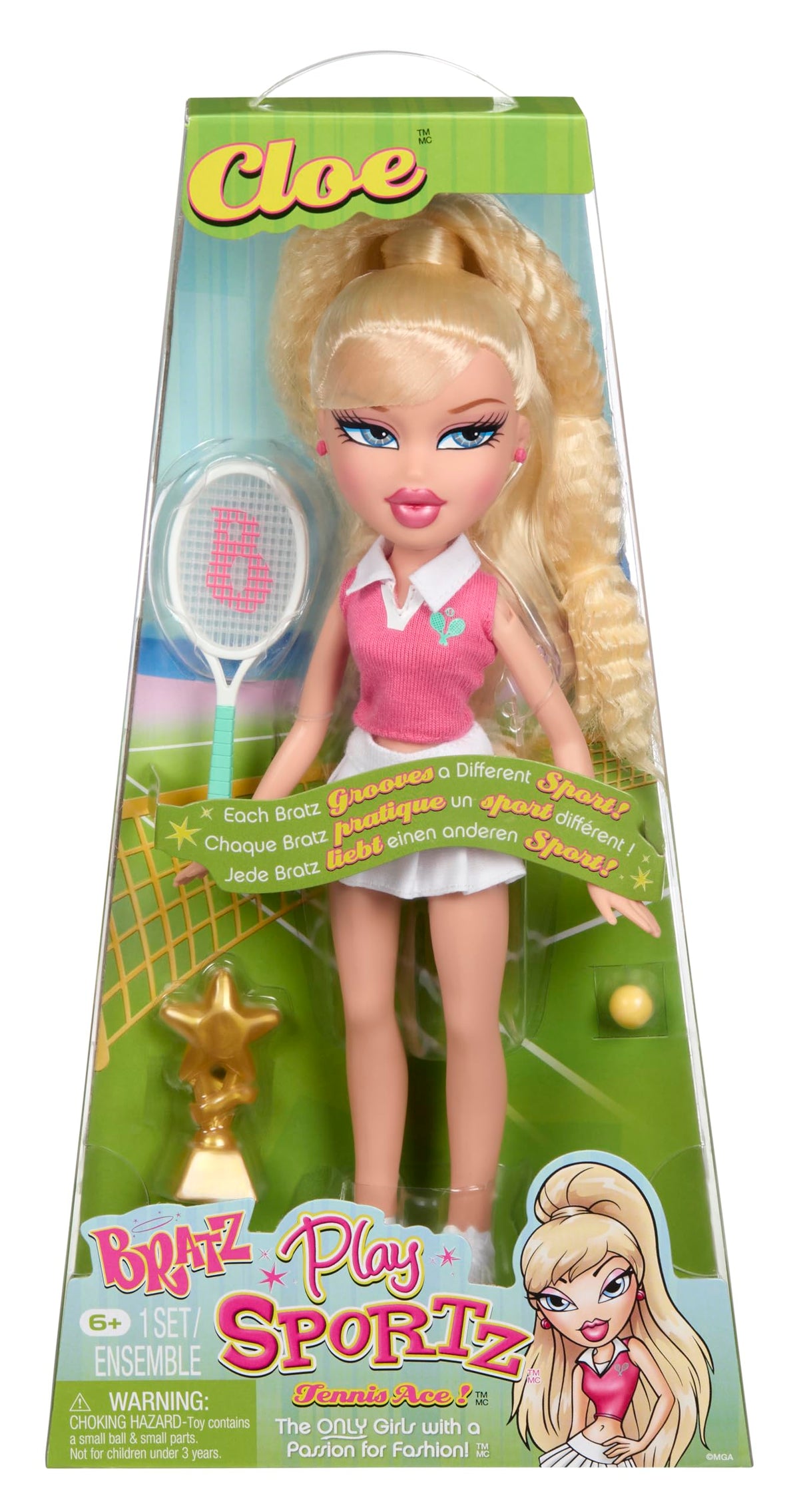 Bratz Play Sportz Cloe doll close-up showcases a chic tennis-ready look.