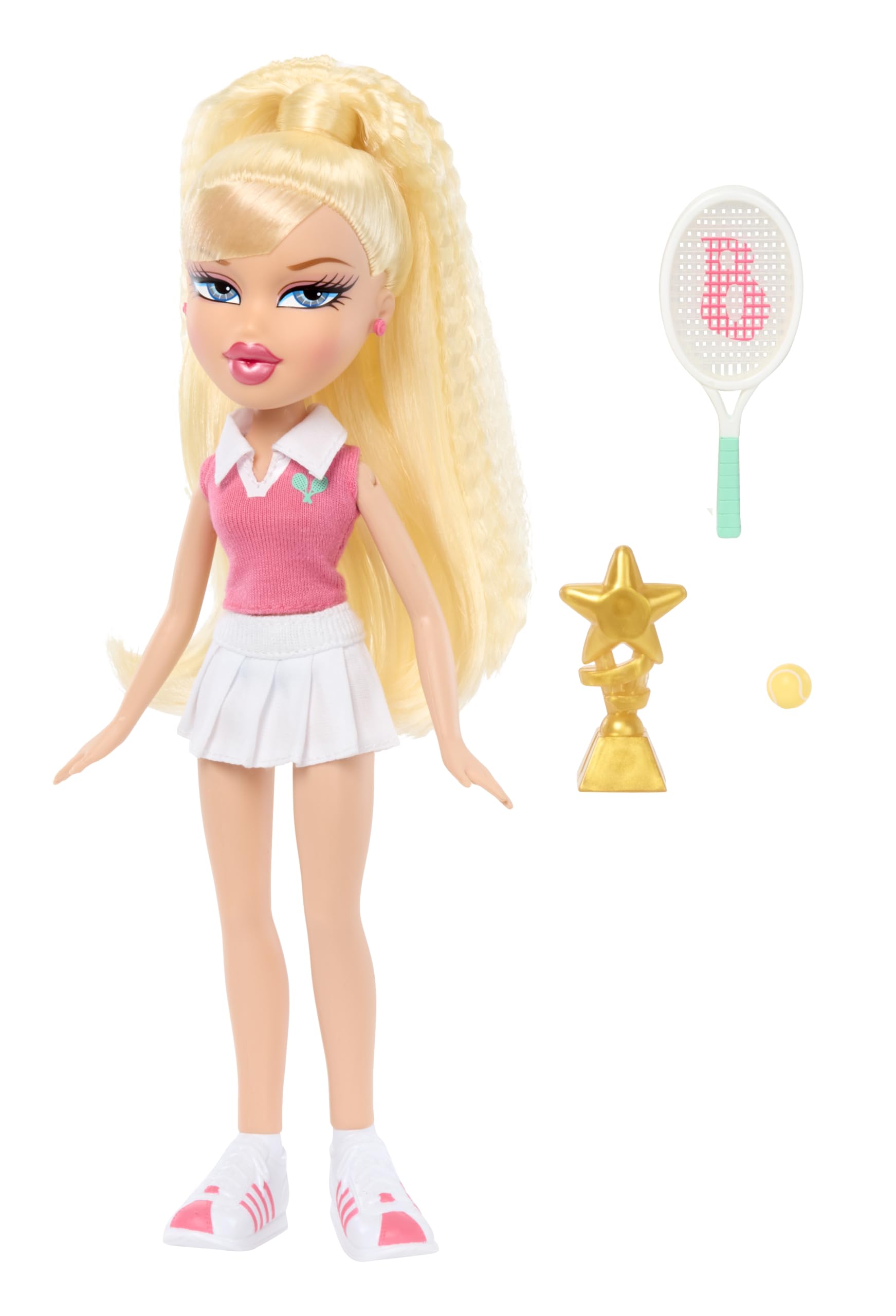 Bratz Play Sportz Cloe tennis outfit highlights pink cropped top and white skirt.