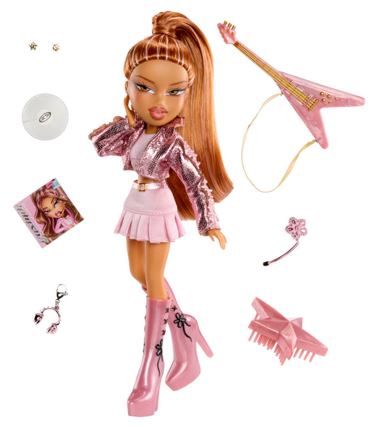 Yasmin wears a crop top and pleated skirt for imaginative fashion scenes.