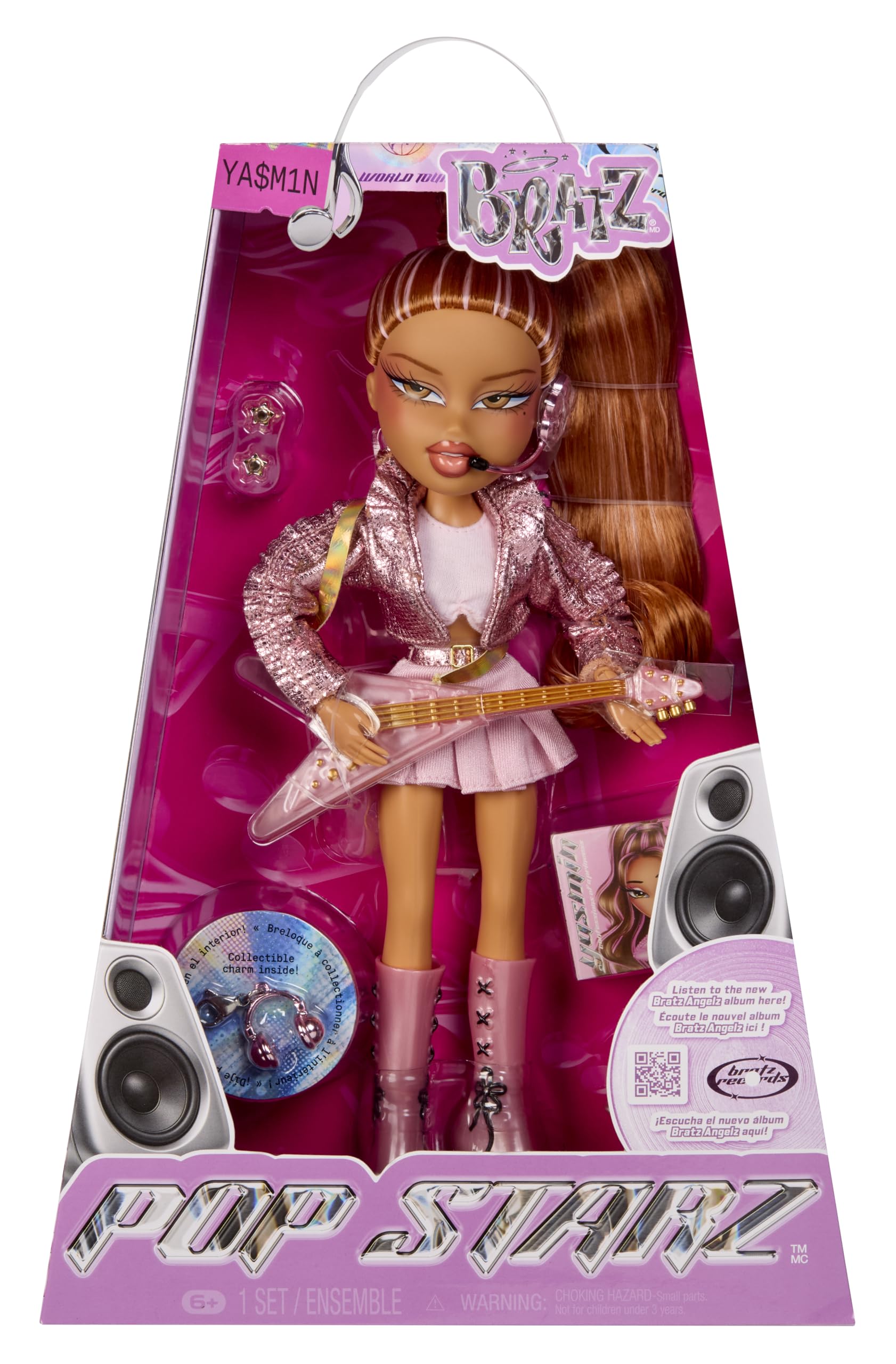 Bratz Pop Starz Yasmin doll in a sparkly pink jacket for stylish play and display.