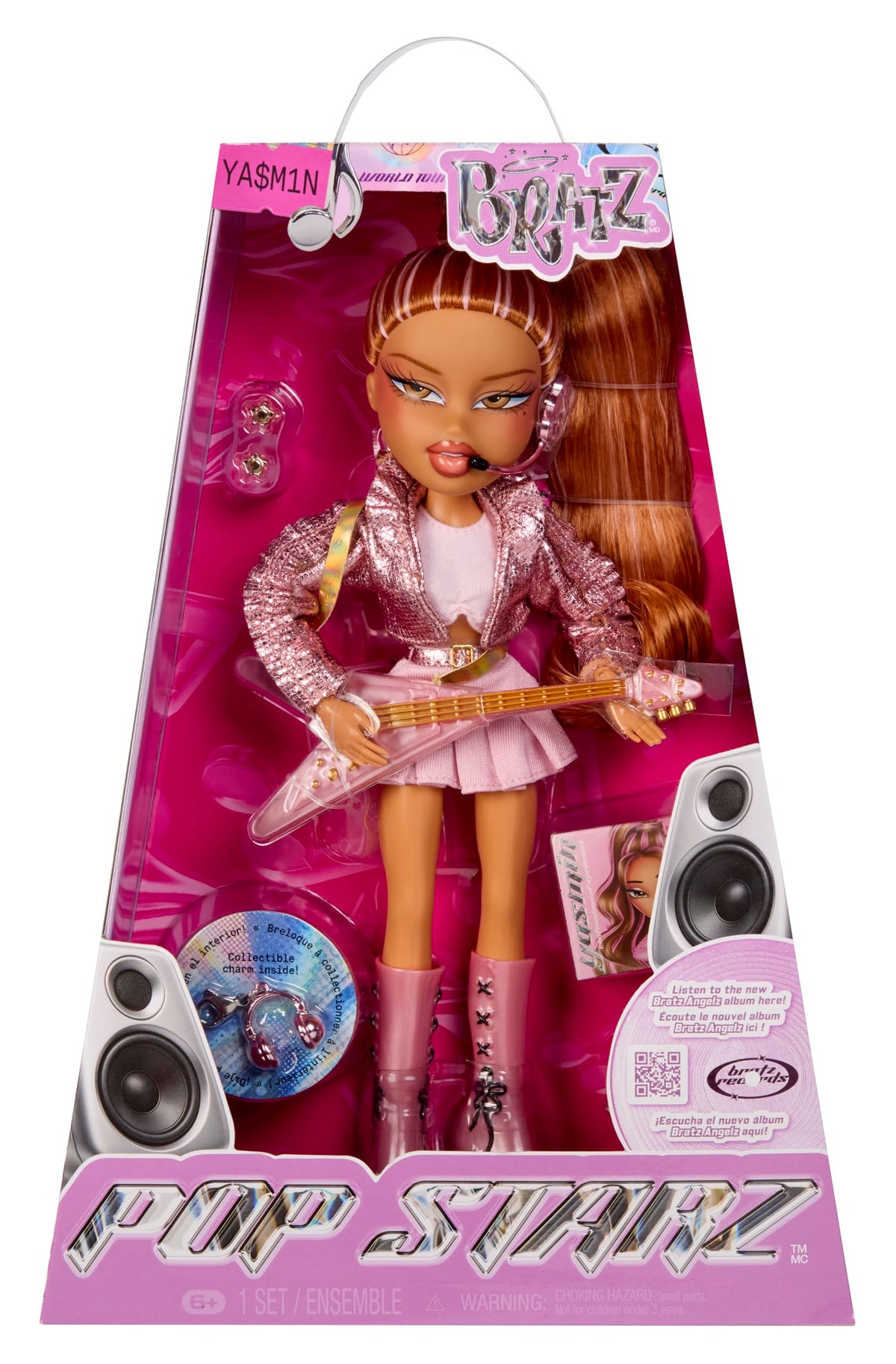 Bratz Pop Starz Yasmin doll in a sparkly pink jacket for stylish play and display.