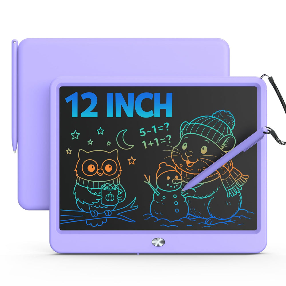 Bravokids 12 inch LCD tablet in purple, ideal for doodling and handwriting practice.
