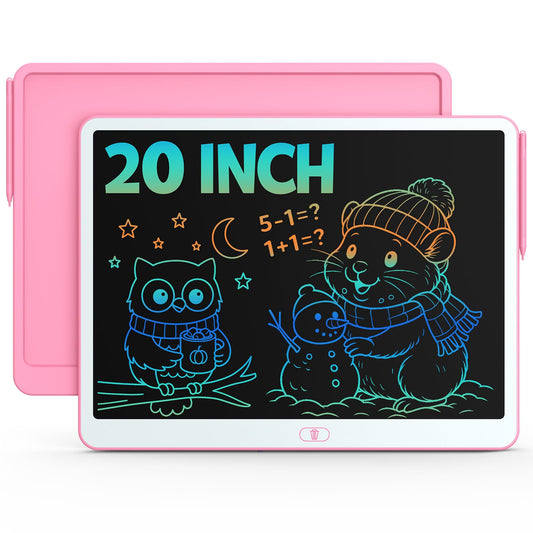 Bravokids 20-inch LCD writing tablet front view shows vibrant pink screen for mess-free drawing.