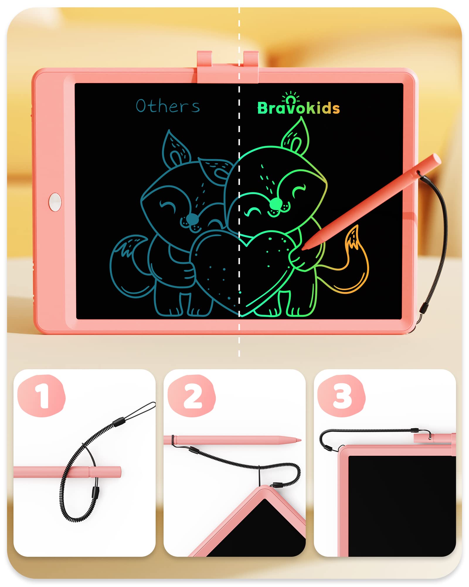Bravokids doodle board color screen, vibrant visuals without glare for kids.
