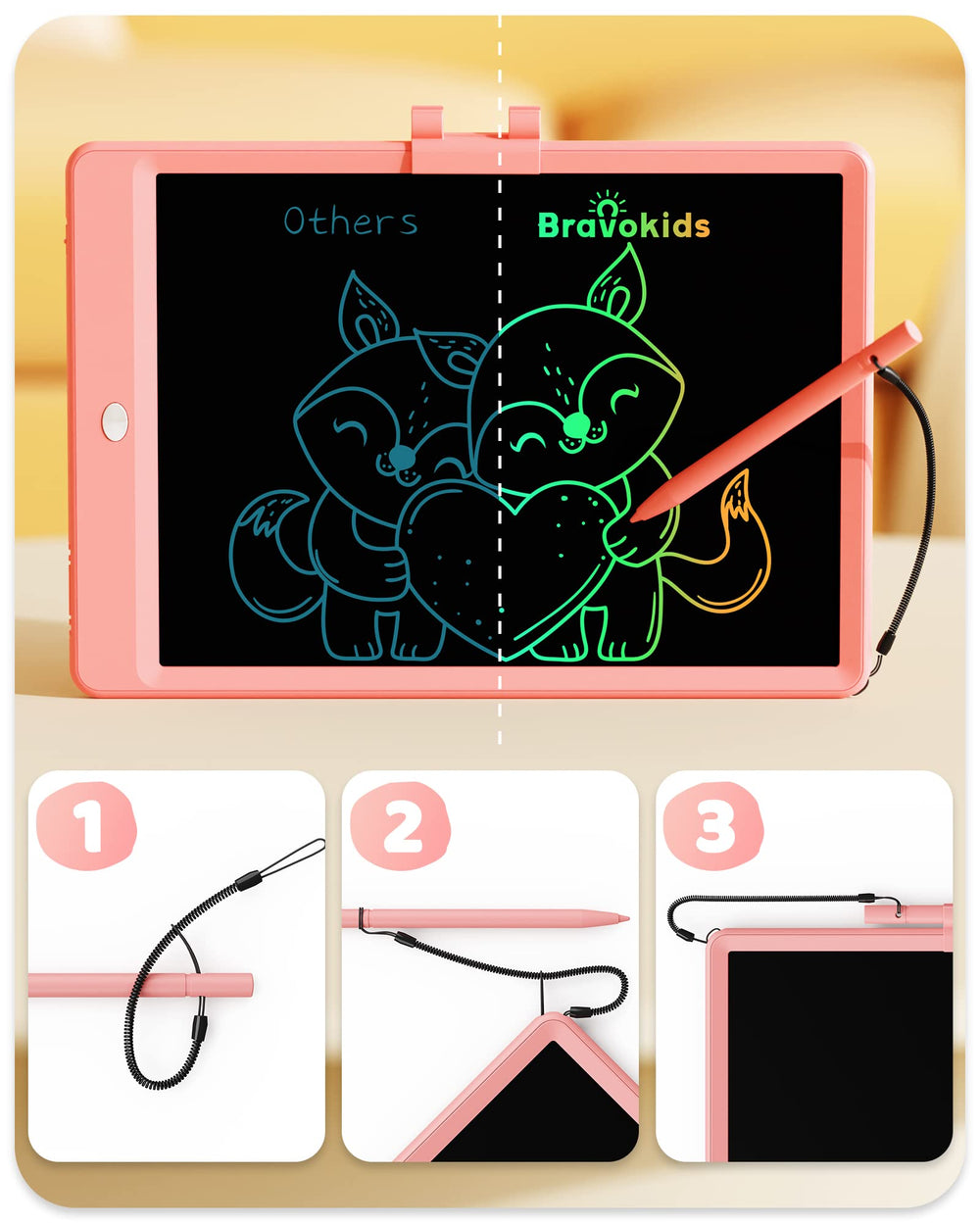 Bravokids doodle board color screen, vibrant visuals without glare for kids.