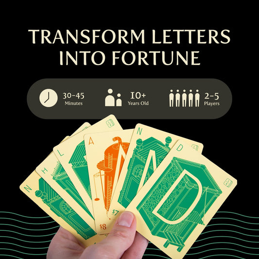Breaking Games Letter Tycoon cards and hands ready for strategic word play.