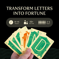 Breaking Games Letter Tycoon cards and hands ready for strategic word play.