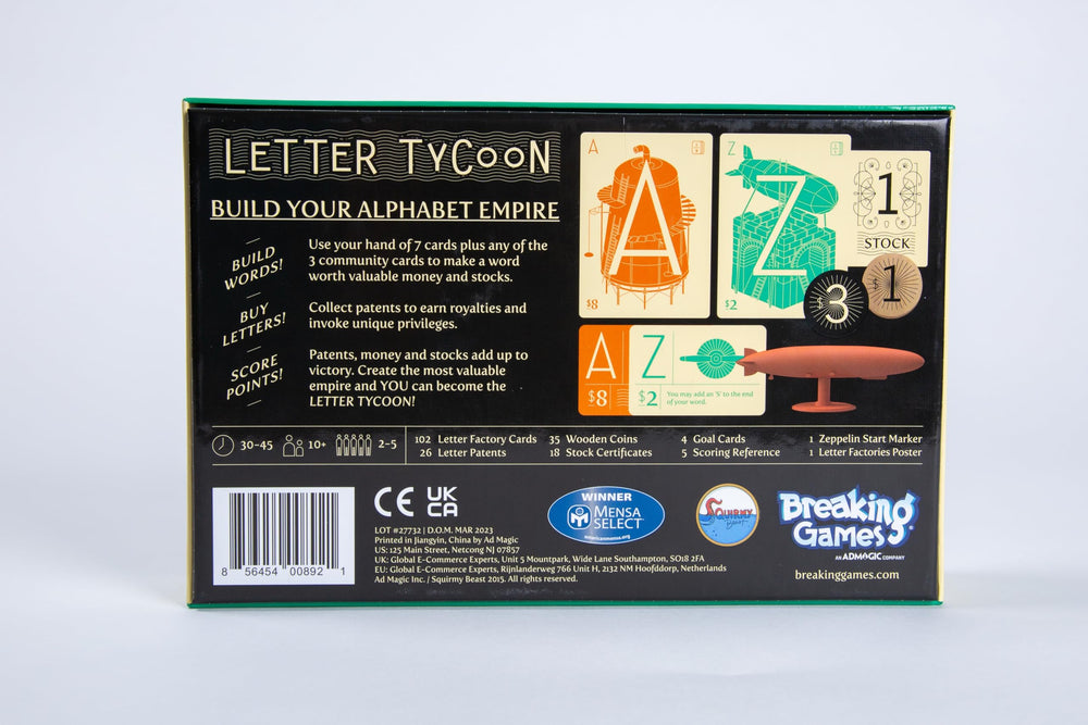 Breaking Games Letter Tycoon gift-ready packaging suitable for holidays.