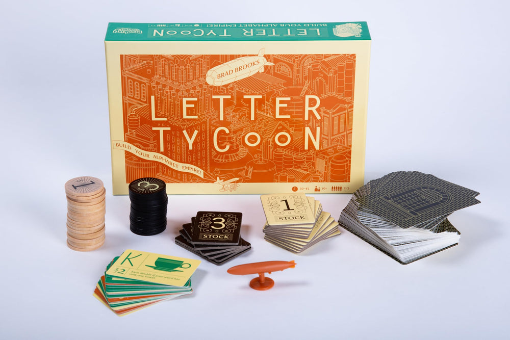 Breaking Games Letter Tycoon steampunk-inspired artwork on the game components.