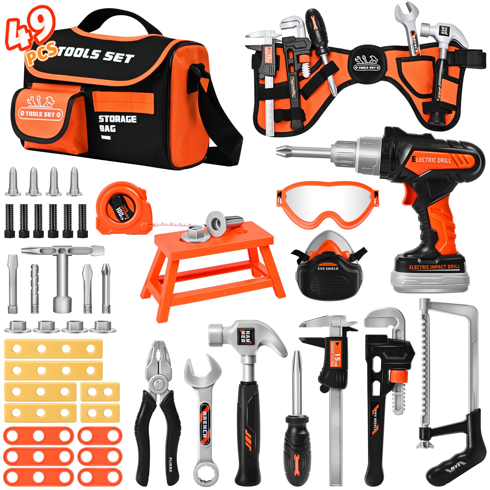 Breibowski 49-piece toddler tool set drill in action boosts imaginative play and fine motor skills.