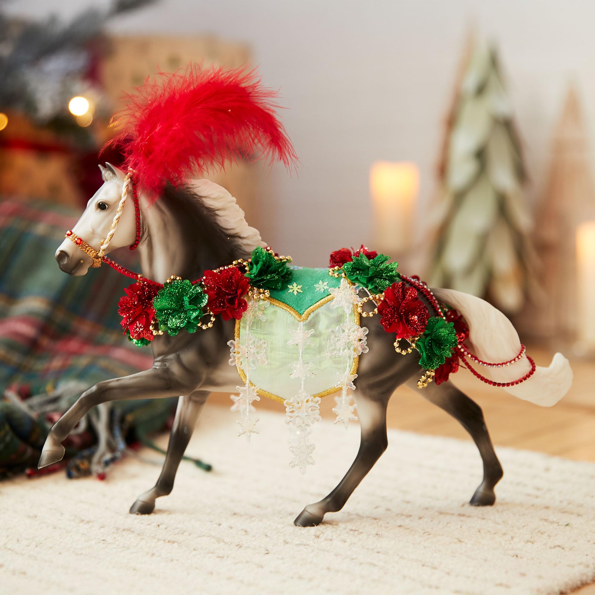 Breyer holiday horse with red and green roses enhances festive shelving.