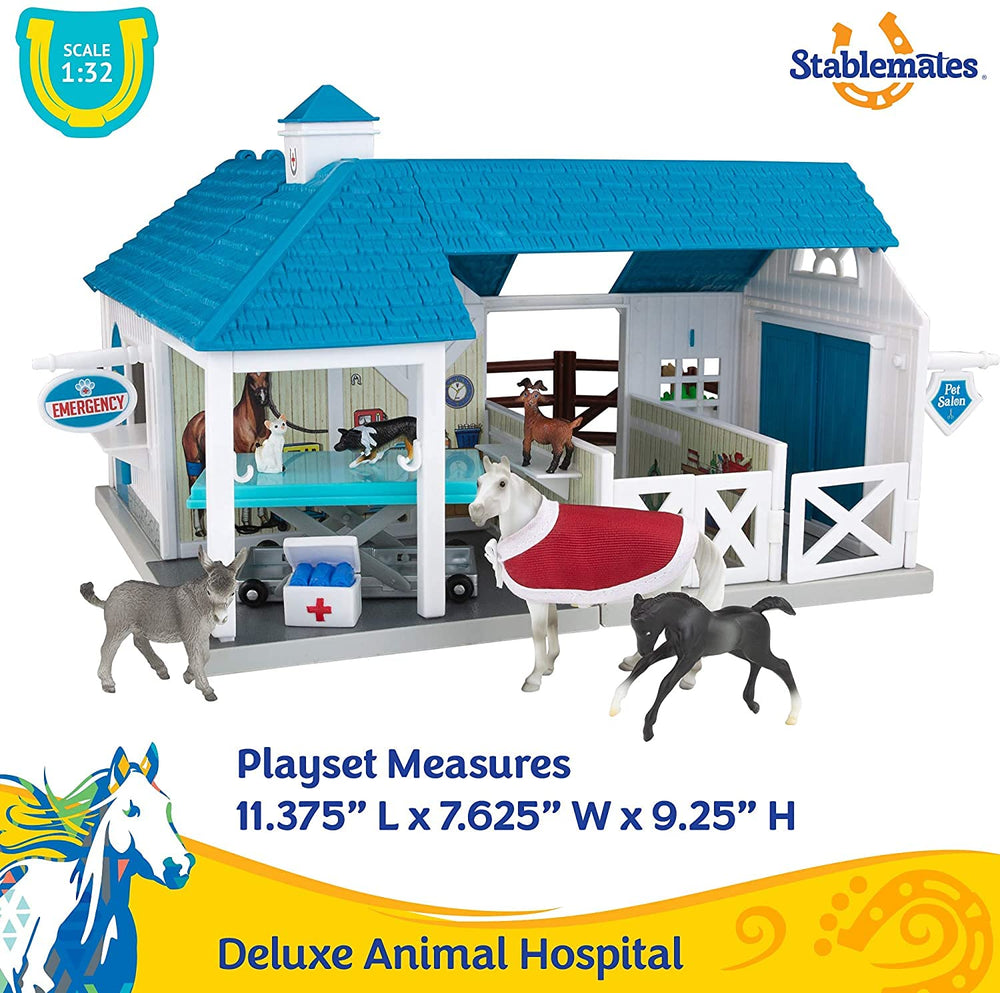 Breyer Stablemates Deluxe Animal Hospital barnyard figures support roleplay and social play.