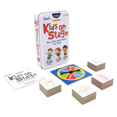 Briarpatch Kids on Stage travel tin front shows portable charades for on-the-go family fun.