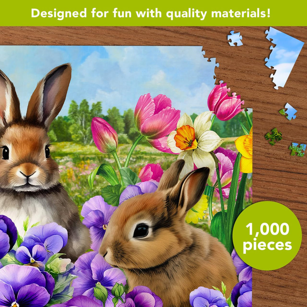 Briarwood Lane Spring Bunny Trio finished puzzle, showcasing artwork beautifully for display.